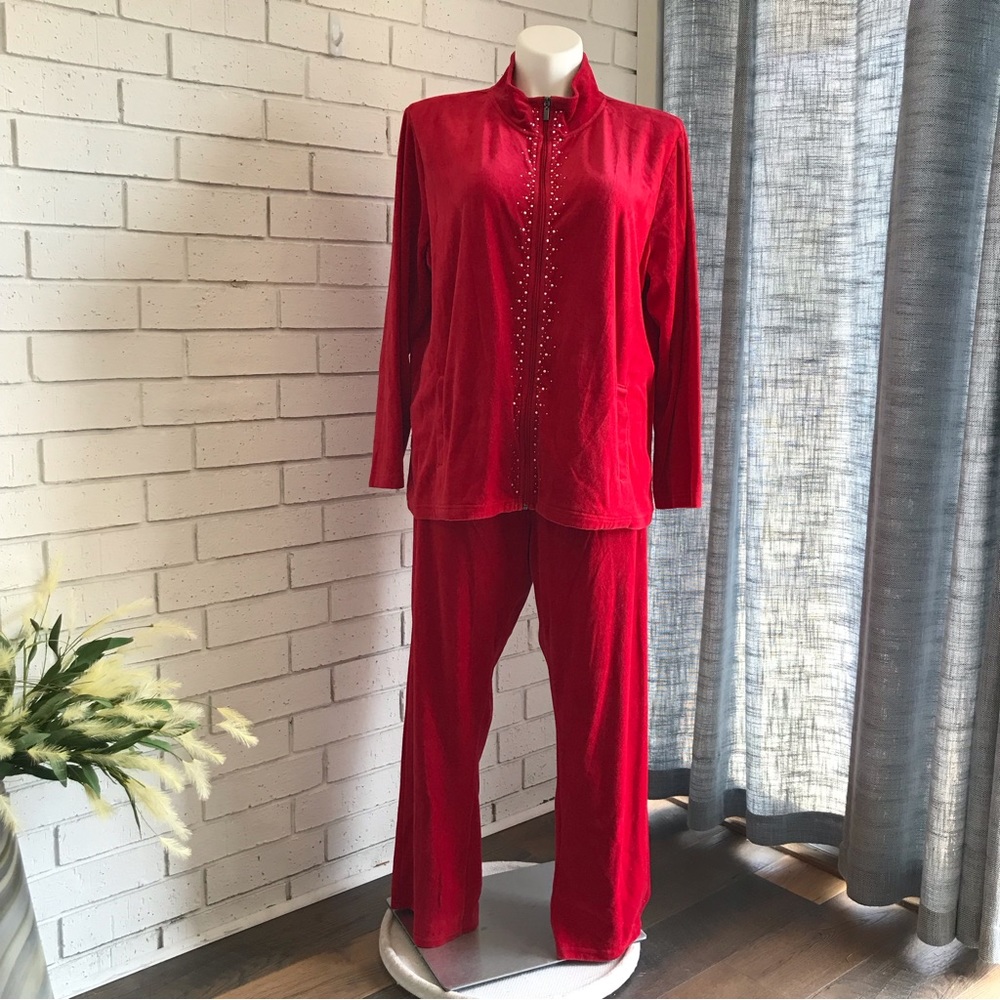Red Velour Jogger Set Rhinestone Zipper 2 Piece Set Plus Size 2X